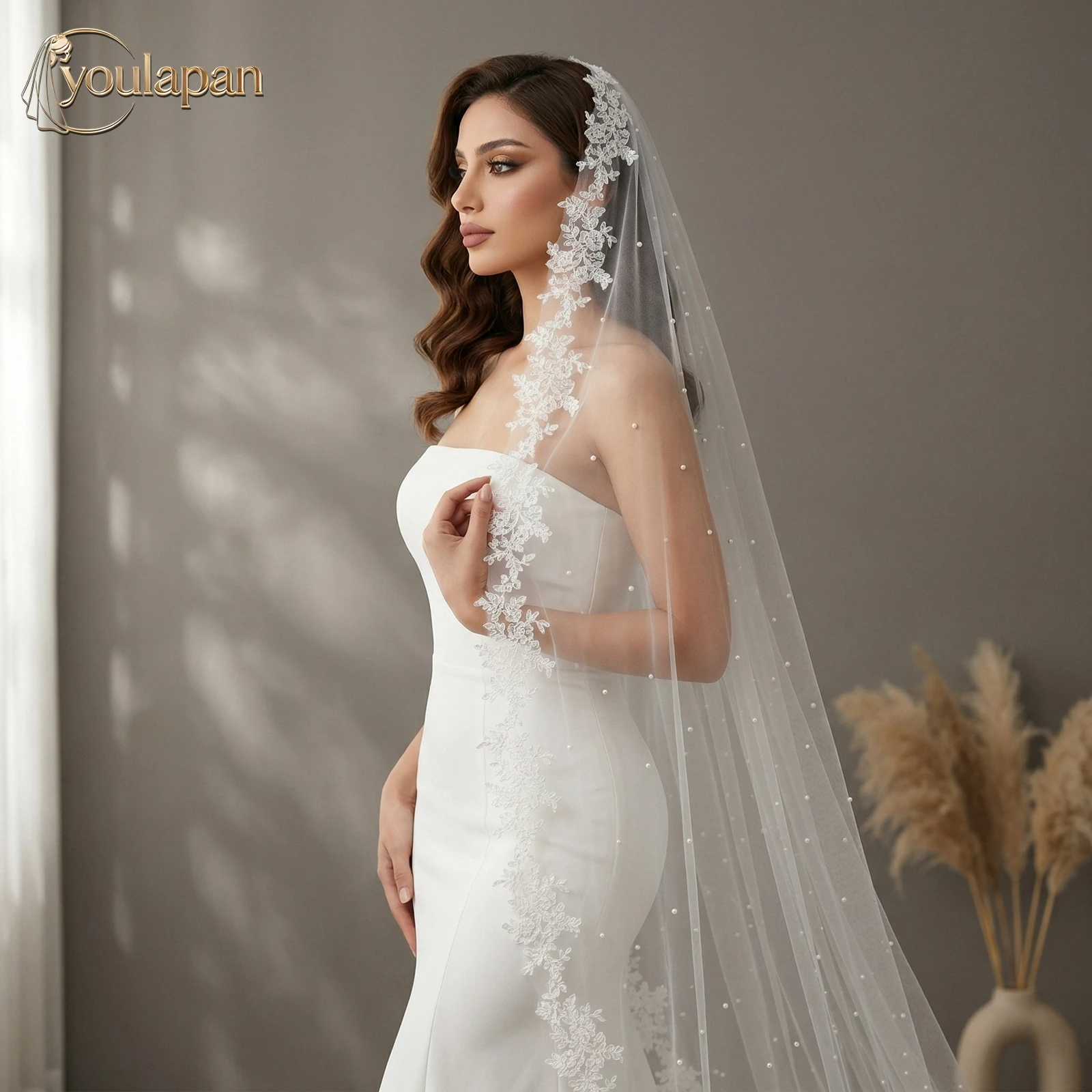 

Длинные свадебные фаты TOPQUEEN с жемчугом, элегантные кружевные фаты в церковном стиле с гребнем, на заказ, V82