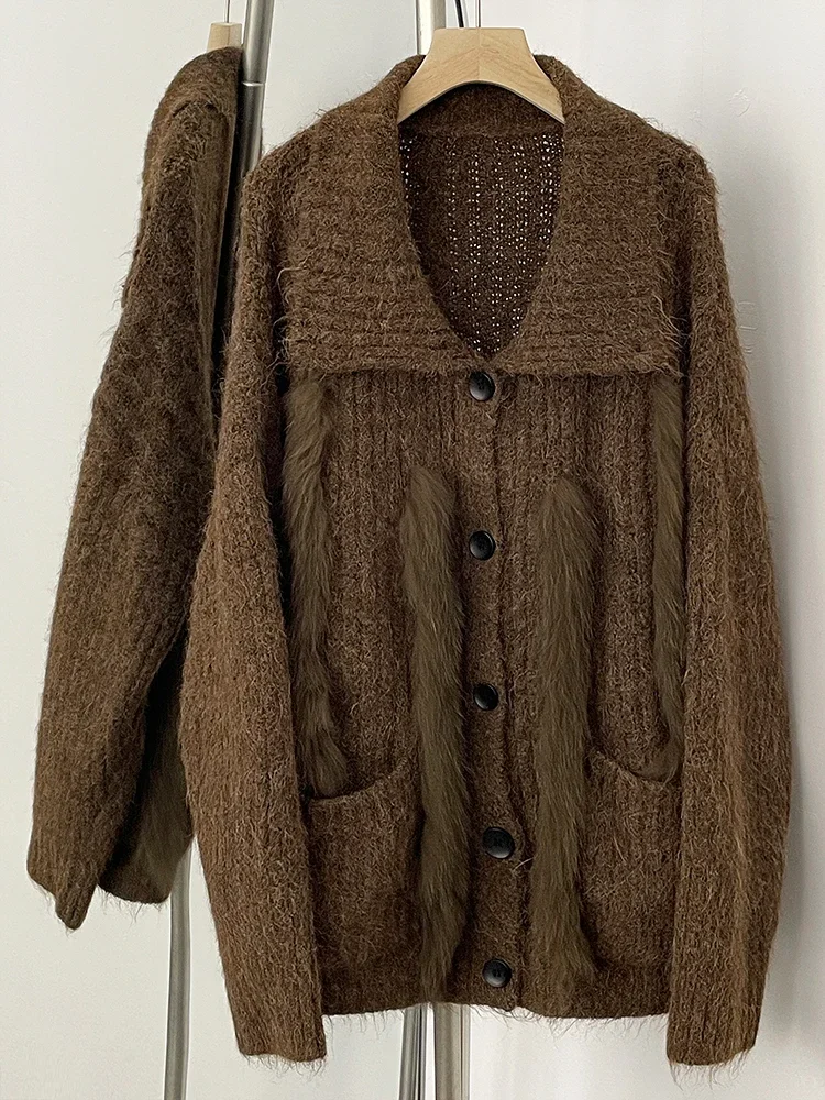 Nova moda primavera outono solto camisola feminina real pele de raposa cardigan roupas femininas botão oversized jaqueta de malha senhora