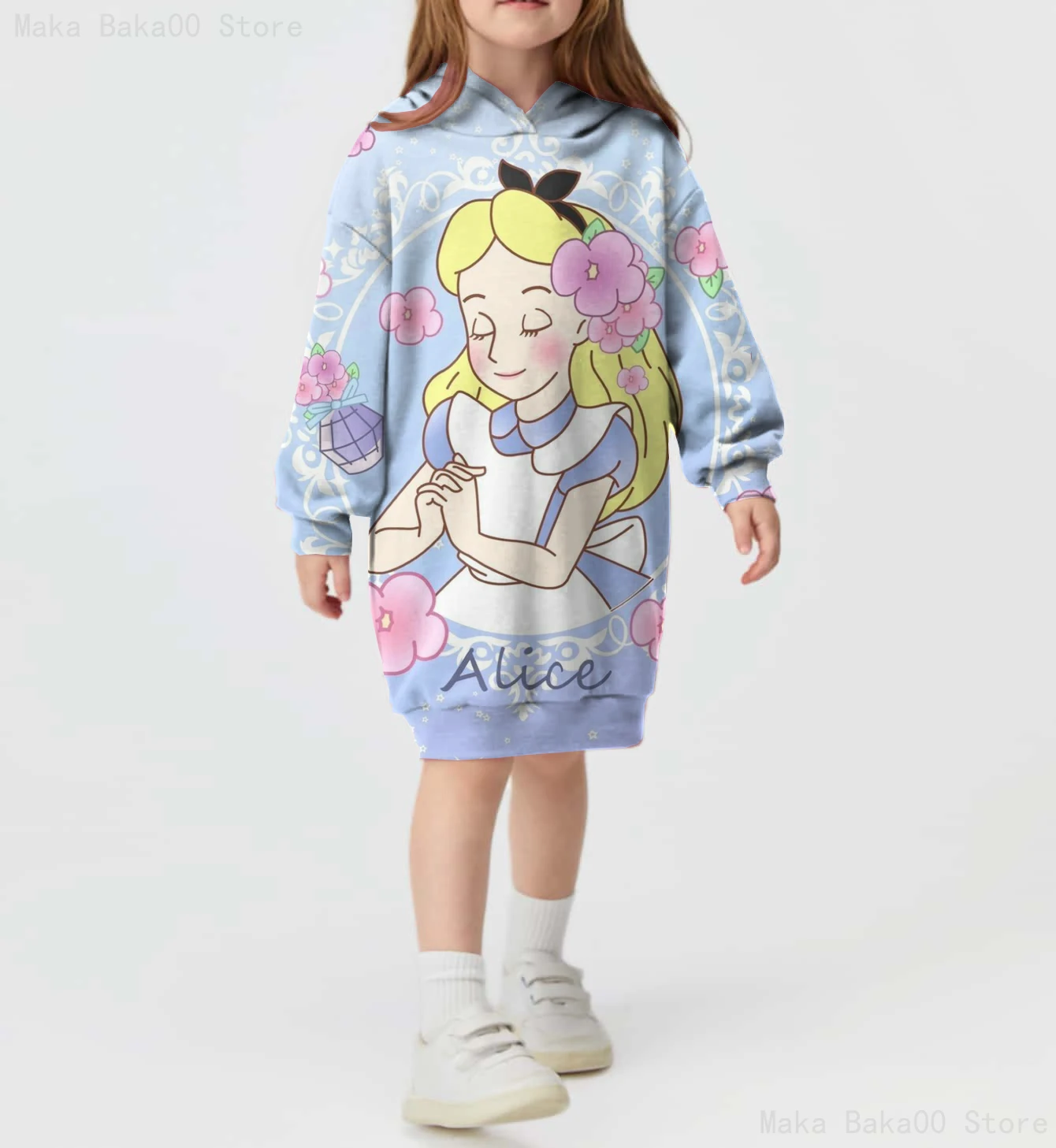 

2024 New Spring Disney Casual Sports Girls Printed Alice Hoodie Street Cartoon Sweater Dress Children's Clothing