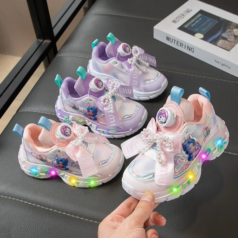 

Детская повседневная обувь, кроссовки из искусственной кожи со светодиодной подсветкой, весенняя обувь принцессы Kuromi для девочек, Нескользящая розовая обувь Pruple, размер 23-36