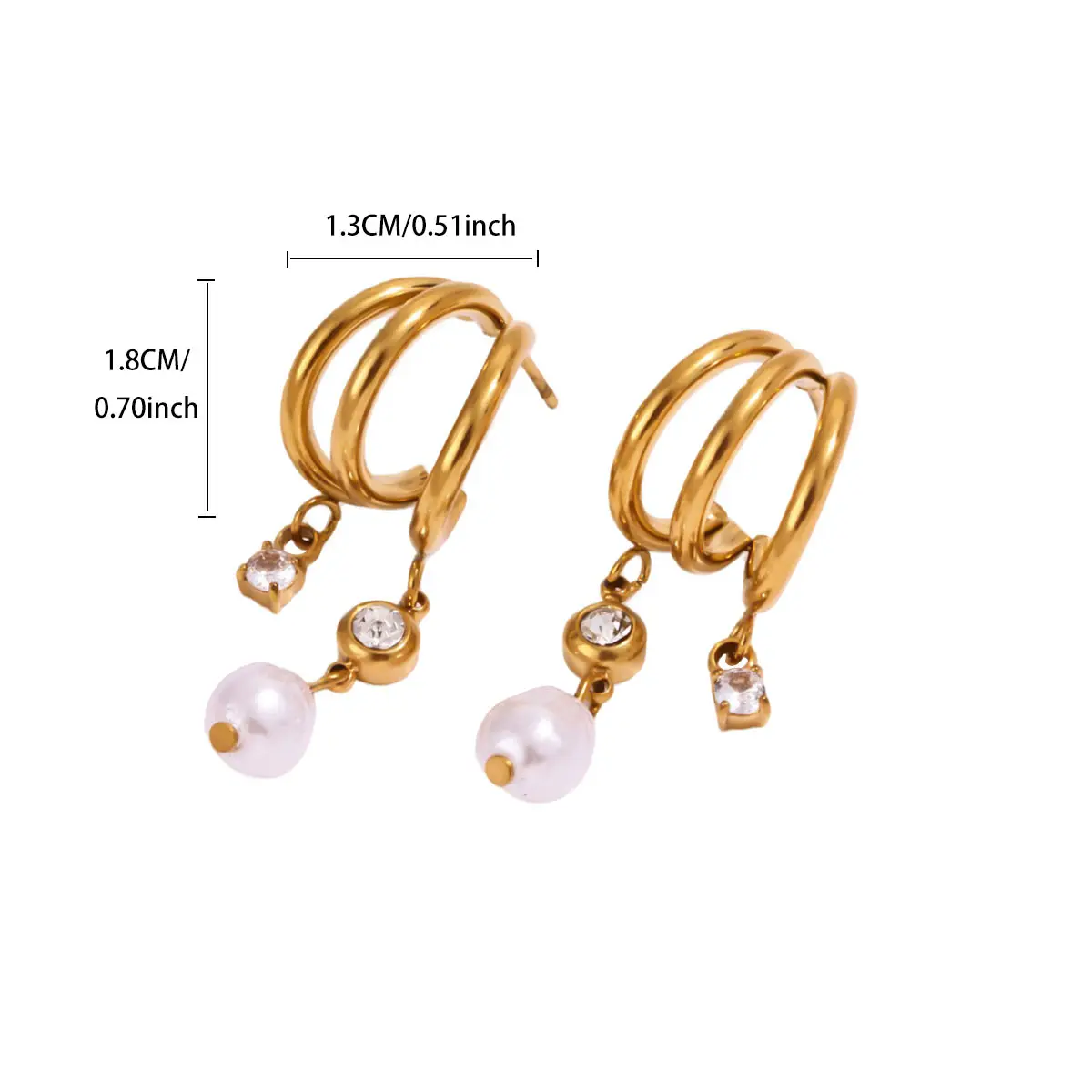 Vintage-Dreifach-Kreis-Ohrringe für Damen, aus Edelstahl, goldfarben, mit Imitationsperle und Zirkonia-Anhänger. – Detail 4