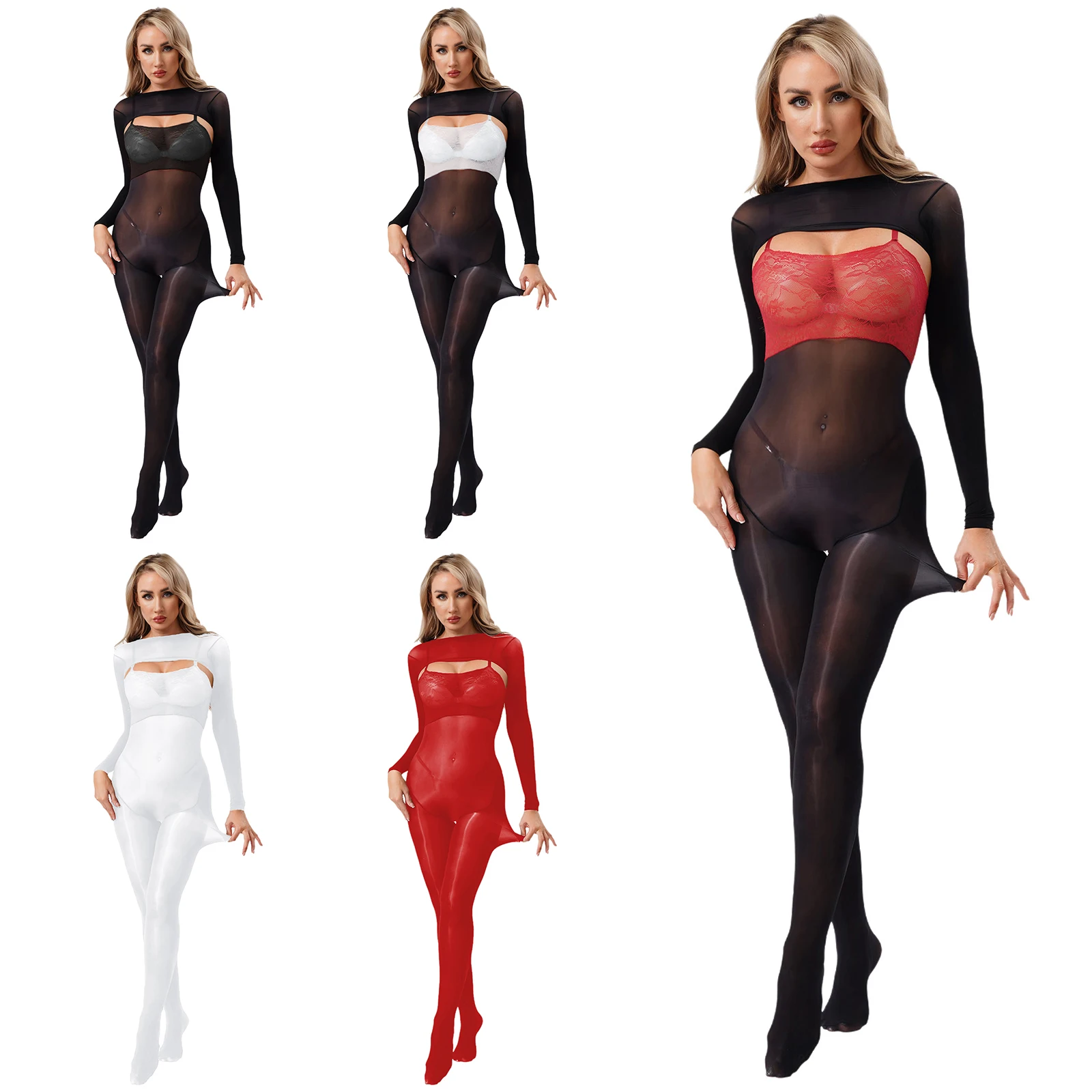 Stoking Tubuh Seksi Ultra Tipis Wanita dengan Renda Bunga, Stoking Berkaki dengan Atasan Crop Lengan Panjang, Pakaian Tidur Erotis Transparan