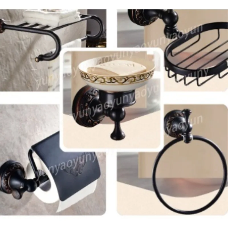 

Black Brass Wall Mount Bathroom Accessories Set with Clothes Hooks Toilet Paper Holder and Useful Towel Bars