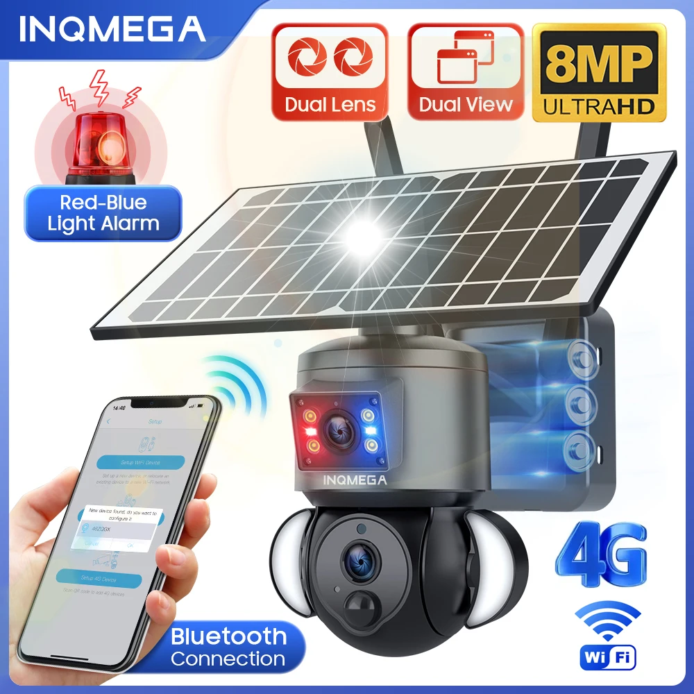 INQMEGA 4K 8MP Solar Wireless Camera 4G SIM/WIFI Security Outdoor Dual Lens Recording Humanoid Tracking Color Night Vision PTZ