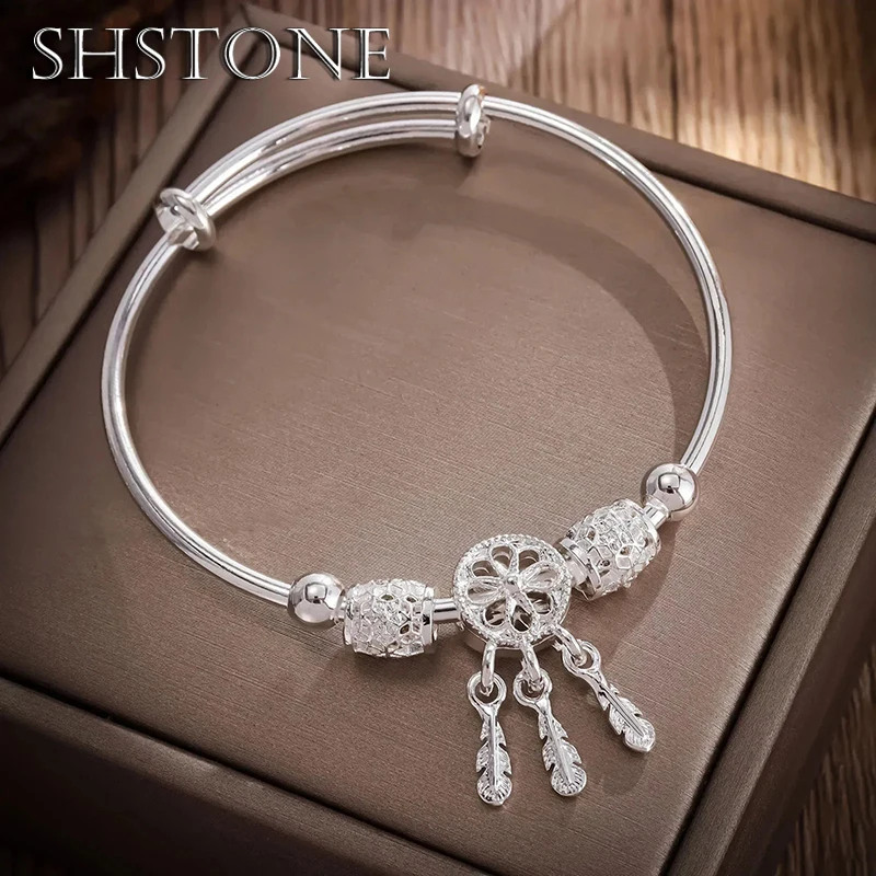 

925 Sterling Silver Bracelets for Women Tassel Feather Round Bead Bangle Adjustable Charm Bracelet Luxury Wedding Jewelry Gifts