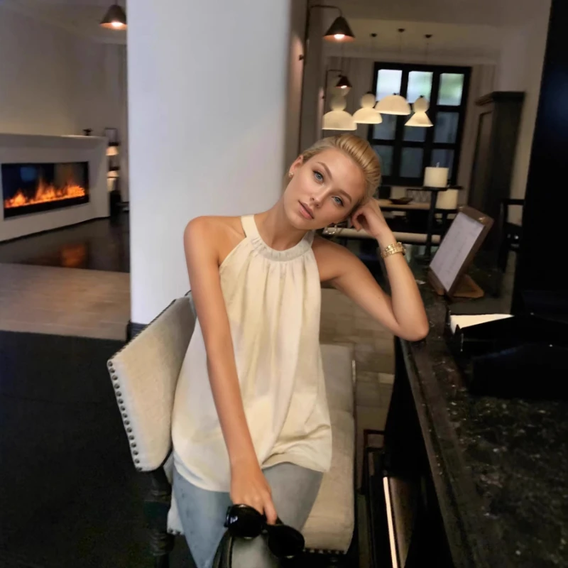 2026 French Style Hanging Collar Solid Color Vest Summer Loose Temperament Sleeveless Off Shoulder Vacation Style T-shirt