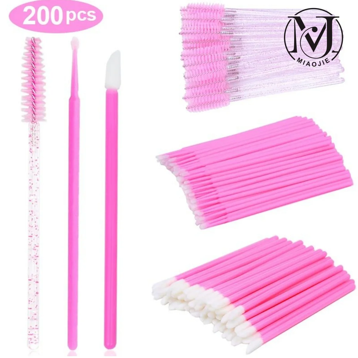 MJ 200Pcs Disposable Eyelash Brush Lash Extesion Mascara Wands Spoolies Tools Set Lipstick Lip Gloss Brush Makeup Applicators