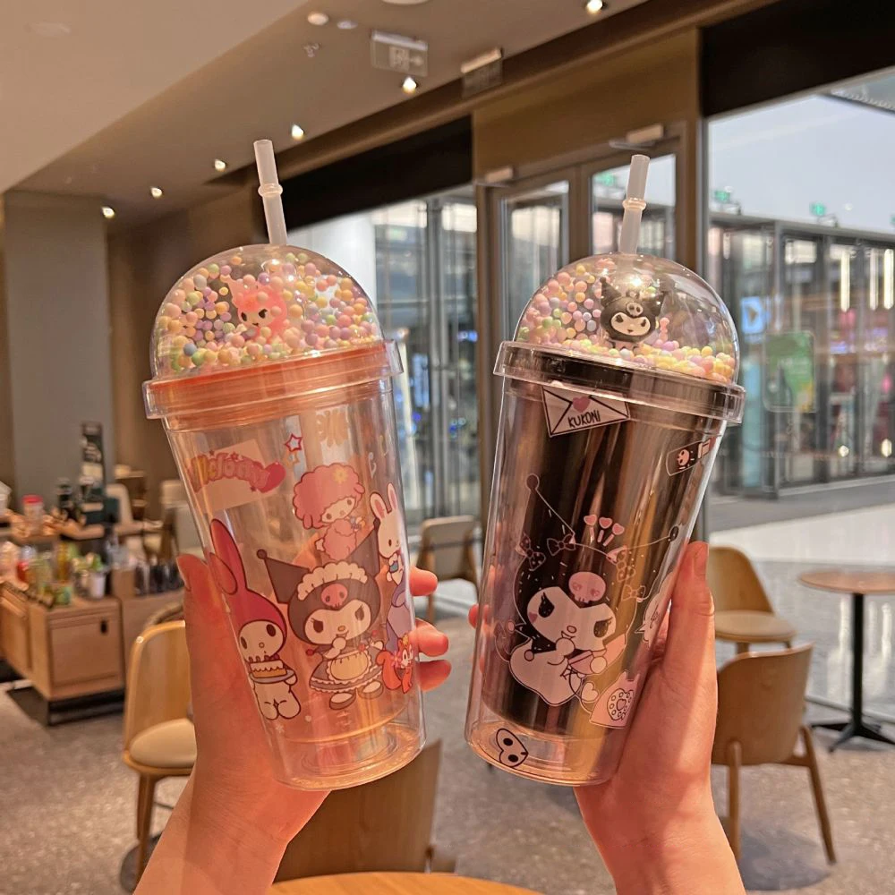 

450ML Sanrio Anime Kuromi Melody Plastic Water Cup Double-Layer Plastic Cup Portable Sport Mug Straw Crushed Ice Cup Girl Gift