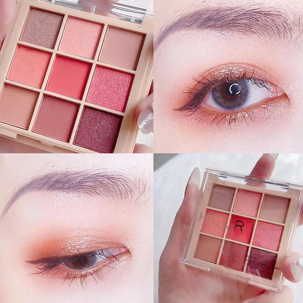 Paleta de sombras de ojos de nueve colores, sombra de ojos rosa brillante mate, maquillaje nacarado de larga duración, moda Ros T4U7