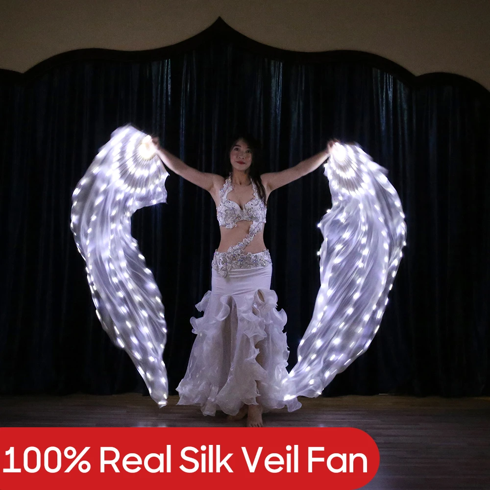 Accesorios de danza del vientre, abanico de velo de seda LED para danza del vientre, ventilador LED blanco 100, práctica y actuación en escenario, disfraces de baile