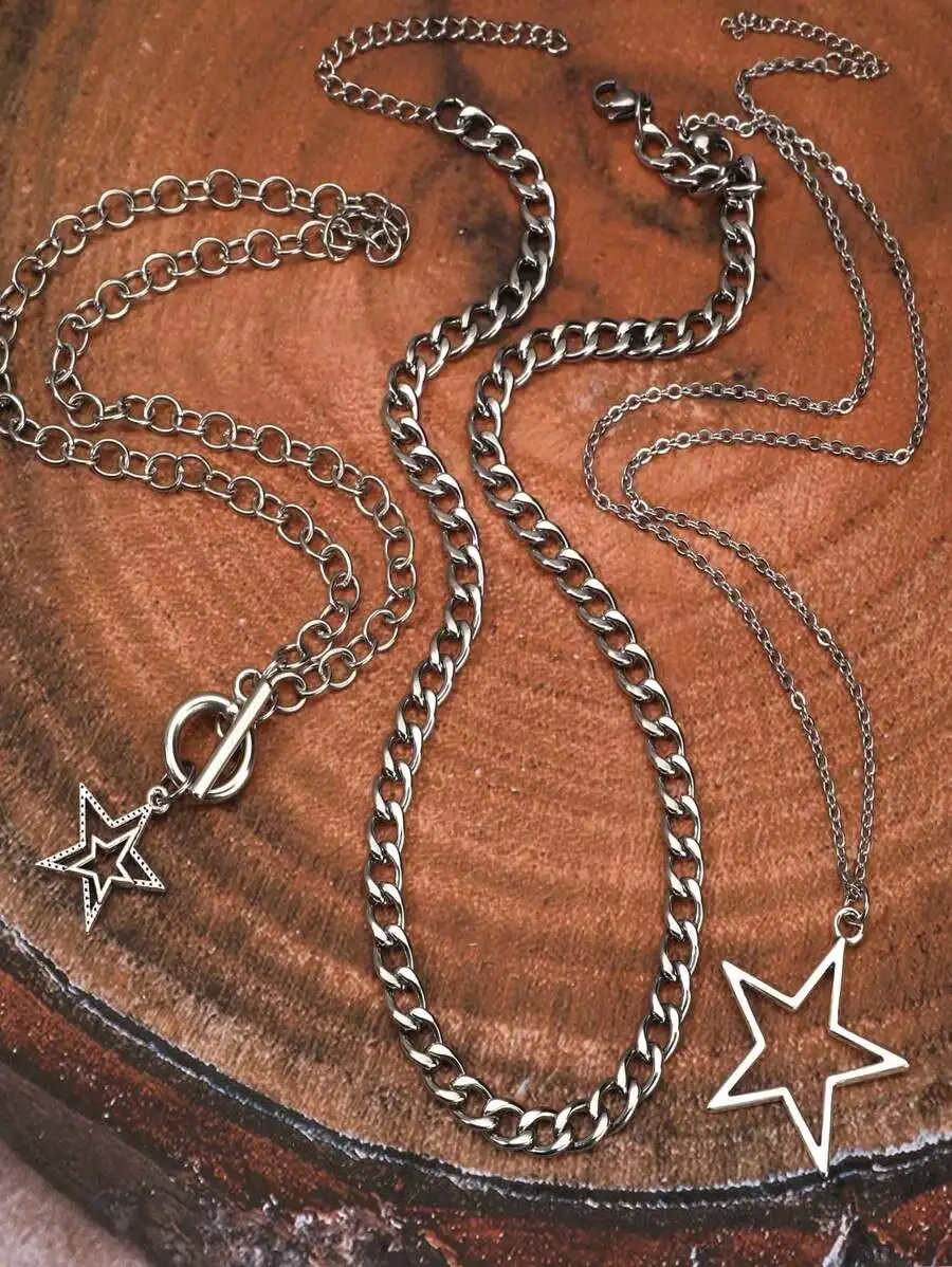 

3-Piece Layered Star Pendant Stainless Steel Chain Necklace Set
