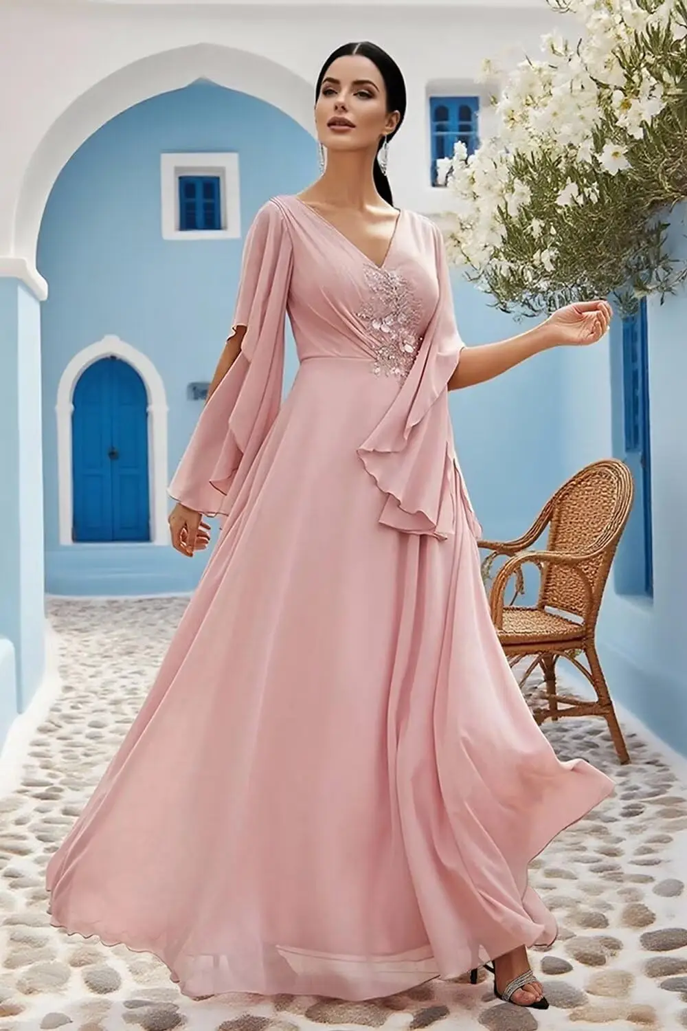 فساتين أم العروس من الشيفون المطرز بأكمام طويلة مكشكشة لحفلات الزفاف، فساتين سهرة أنيقة من الدانتيل للنساء رسمية