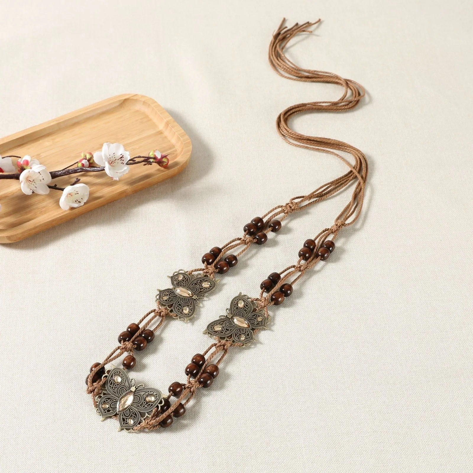 Bohemian Style Butterfly Water Diamond Woven Ethnic Style Wooden Bead Women's Belt Casual Vacation Style Waist Rope