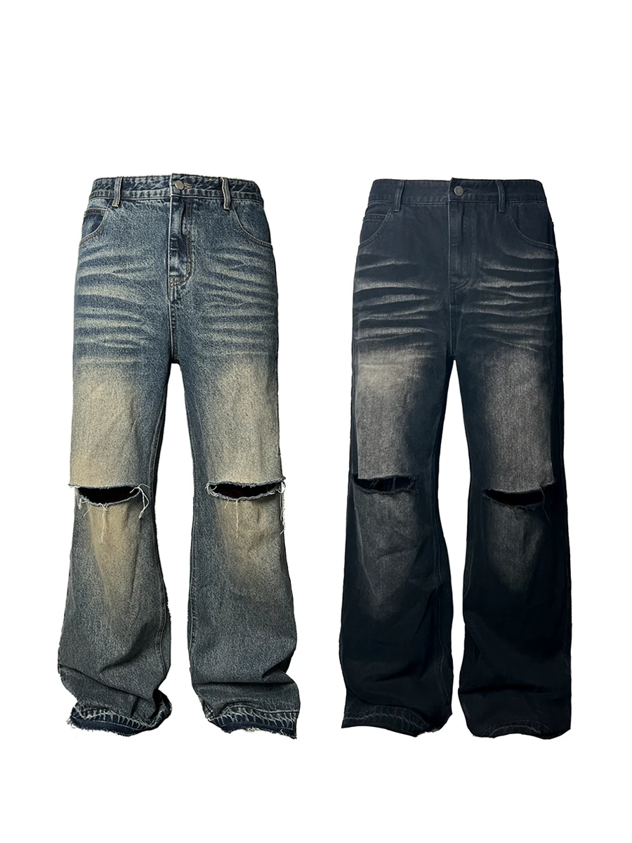 

JCAESAR Vintage Distressed Wide Leg Jeans Double Color Heavy Wash Casual Youthful Trendy Jeans Cotton Polyester Blend