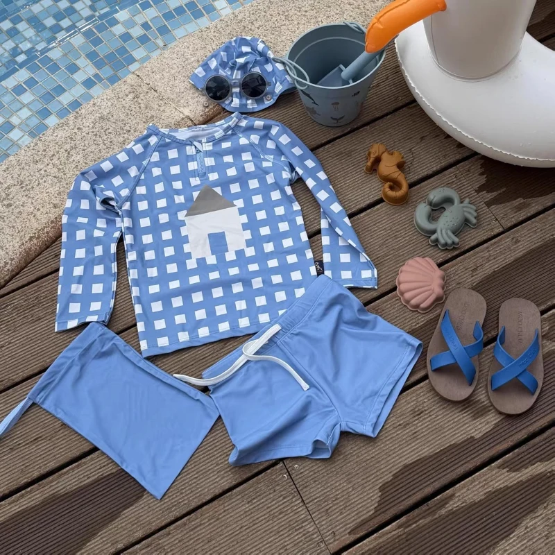 

2026 Summer New Children's Checkered Small House Pattern Long Sleeve Sunscreen Swimsuit