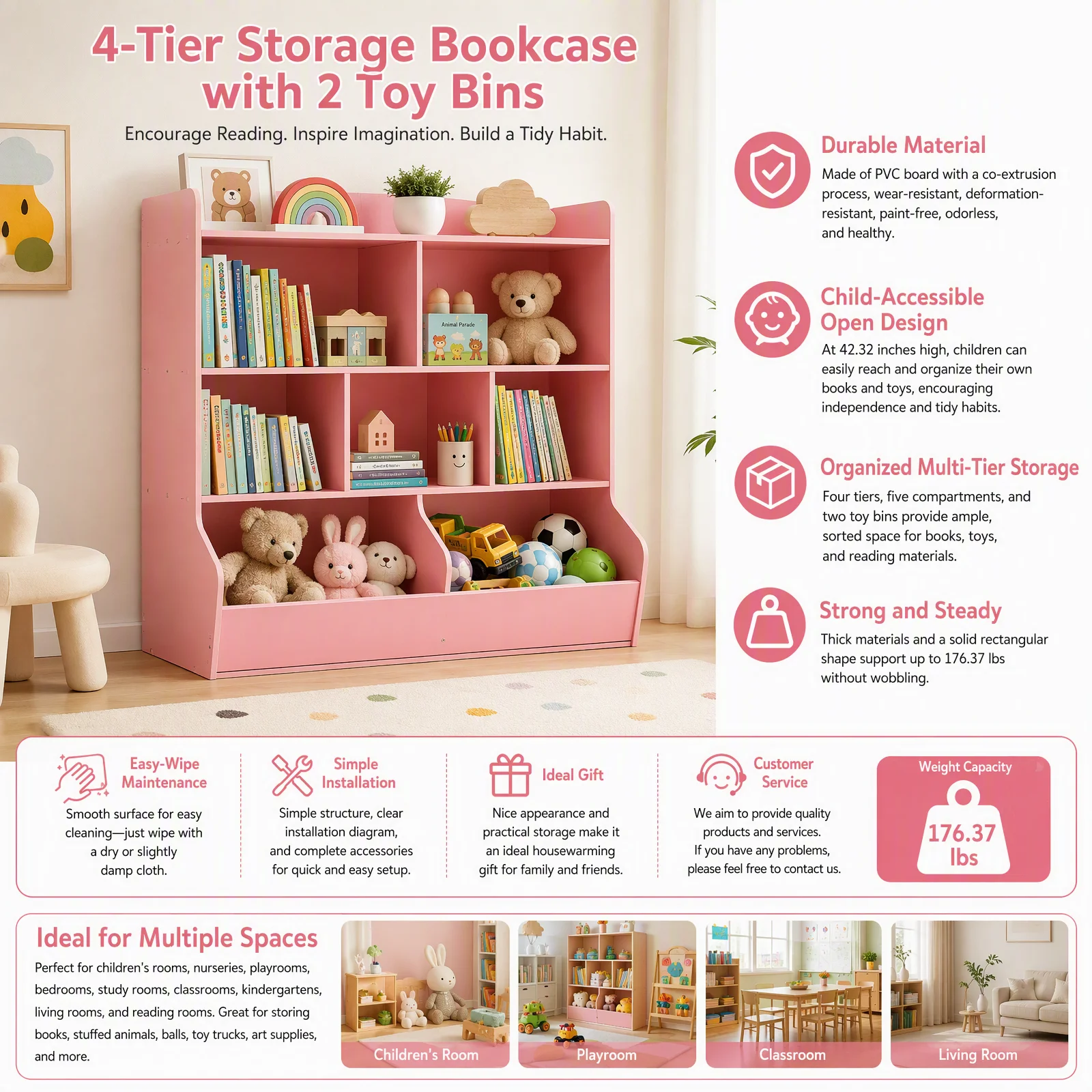 Kids Toy Storage Organizer 4-Tier Bookshelf with 5 Compartments & 2 Toy Bins, PVC Light Pink Storage Rack Holds 176.37lbs for Boys Girls Playroom Bedroom Nursery