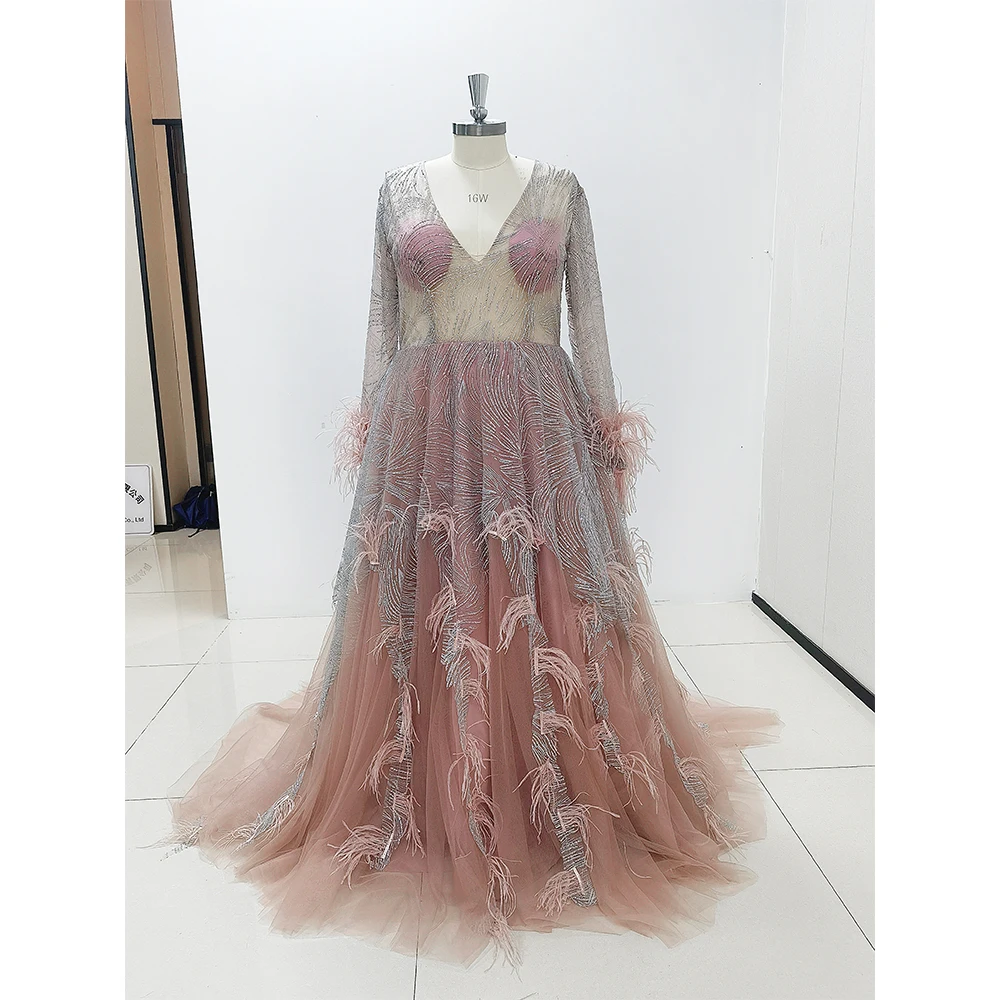 Exquiaite Sweetheart Feathers Evening Dress Long Sleeve Illusion Chapel Train Prom Dresses Special Occasion Elegant Women Gowns