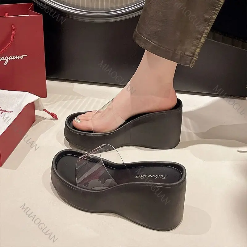 Summer New Thick Bottom High Heel Slippers for Women Fashionable PVC Transparent Belt Wedges Sandals Platform Casual Slides Shoe