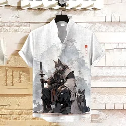 Men's stand collar shirt summer fashion casual Hawaiian bamboo hemp warrior print daily large size men's short sleeve shirt