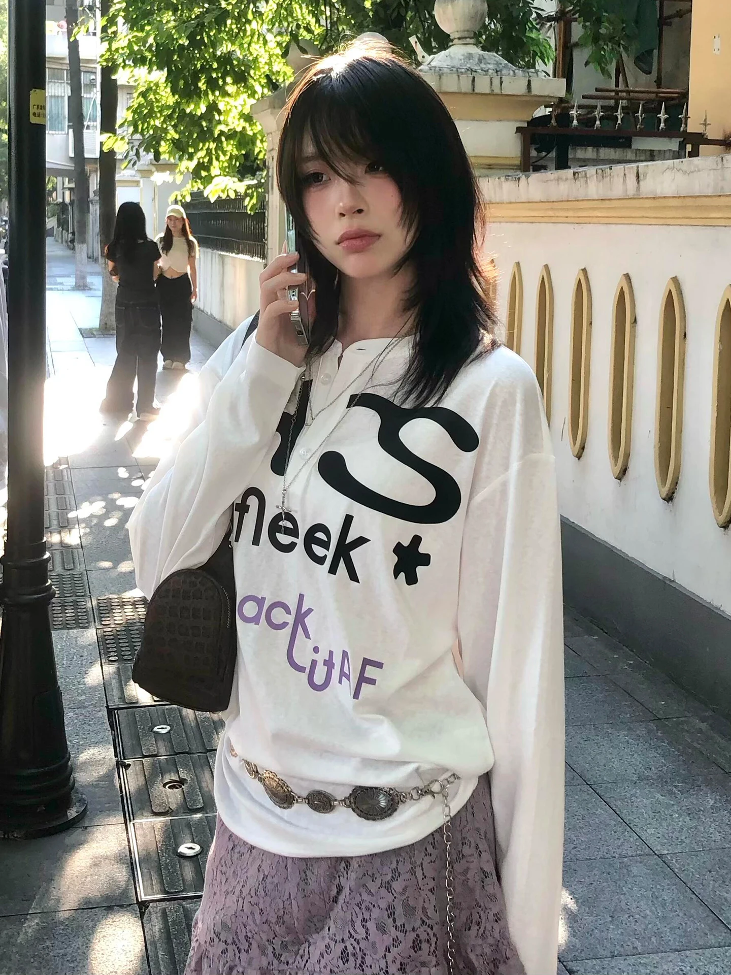 Genayooa Harajuku تي شيرت مطبوع المرأة كم طويل فضفاض بلايز عادية Y2k خمر الجرونج القمم اليابانية 2000s الشارع الشهير بلايز