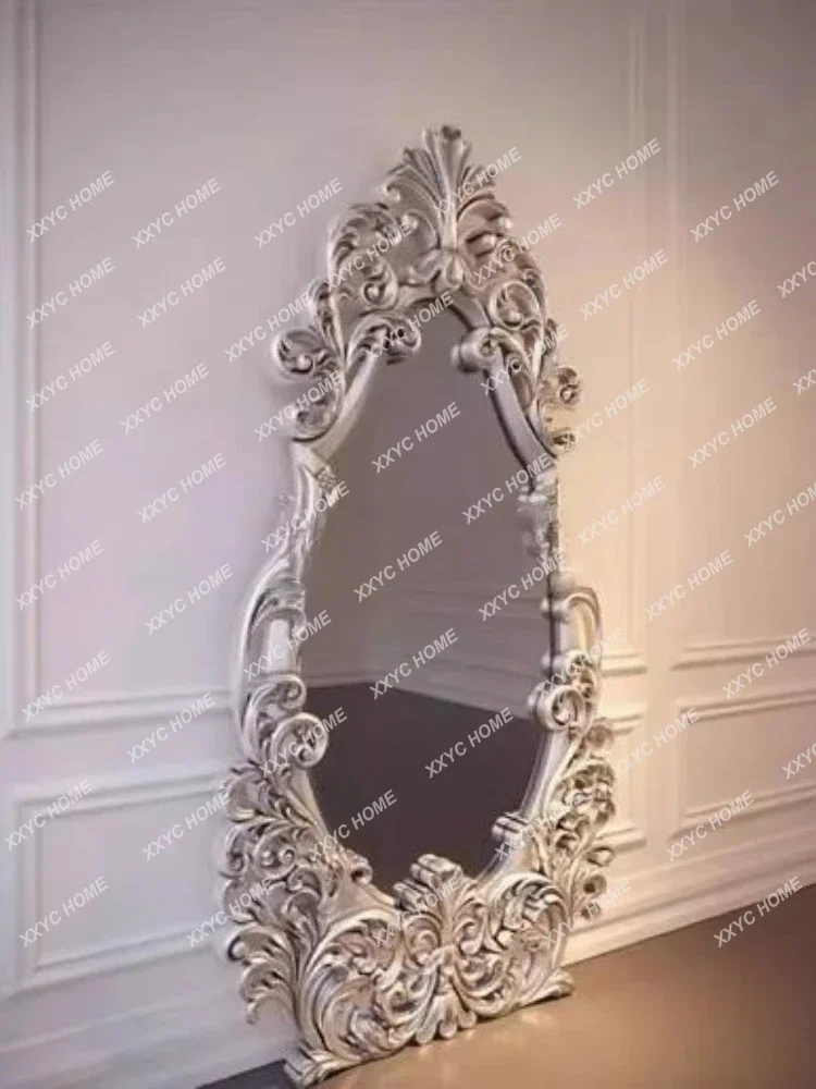 NNFrench Retro Light Luxury Carved Full-body Full-length Mirror Wall-mounted Villa Falls To The Ground Against The Wall