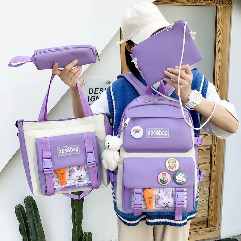 Mochila para estudiantes de secundaria, conjunto de cuatro piezas para escuela primaria, adecuada para el estudio de niñas, bolsa de corrección