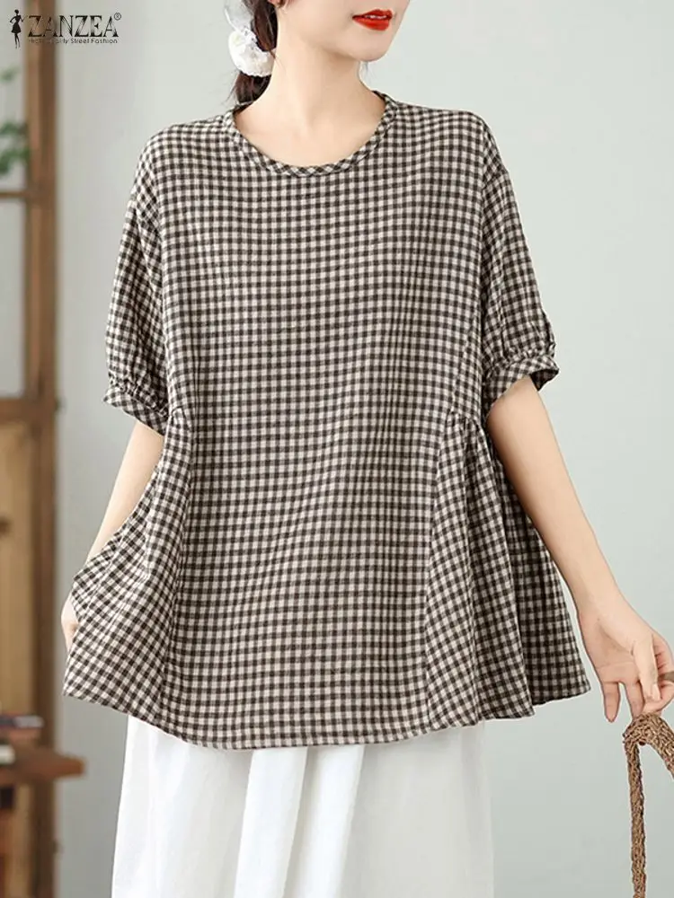 

2025 Summer Plaid Checked Blouse ZANZEA Women Tops Casual O Neck Loose Shirt Pleated Mujer Femme Work Blouse Short Sleeve Blusas
