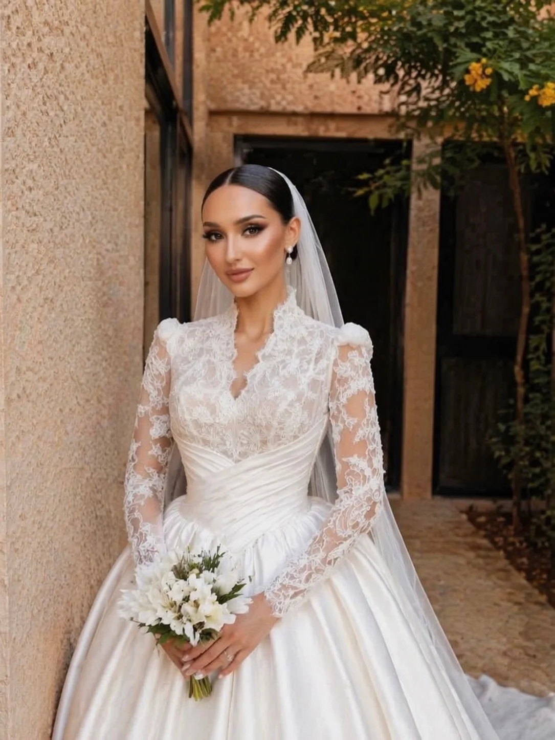 Luxury Ball Gown Wedding Dresses Long Sleeves Appliques Lace Bridal Gowns Sweep Train Lace-Up Back Customized Robe De Mariée