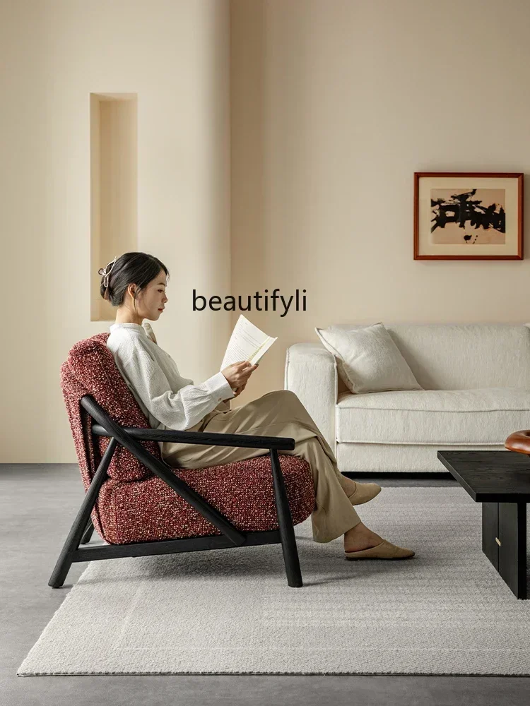 LJYSolid木製シングルソファチェア モダンシンプルアームチェア リビングルーム バルコニー ファブリックレジャーチェア