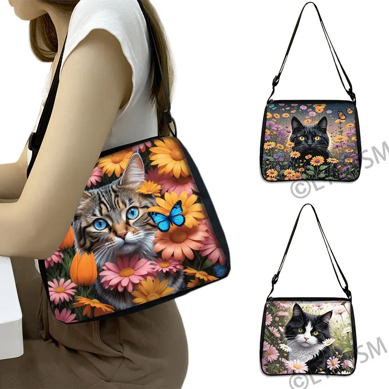

Kawaii Cartoon Flowers Cat Print Shoulder Bag Women Black Cat Moon Handbags Phone Storage Bag for Travel Fashion Crossbody Bags