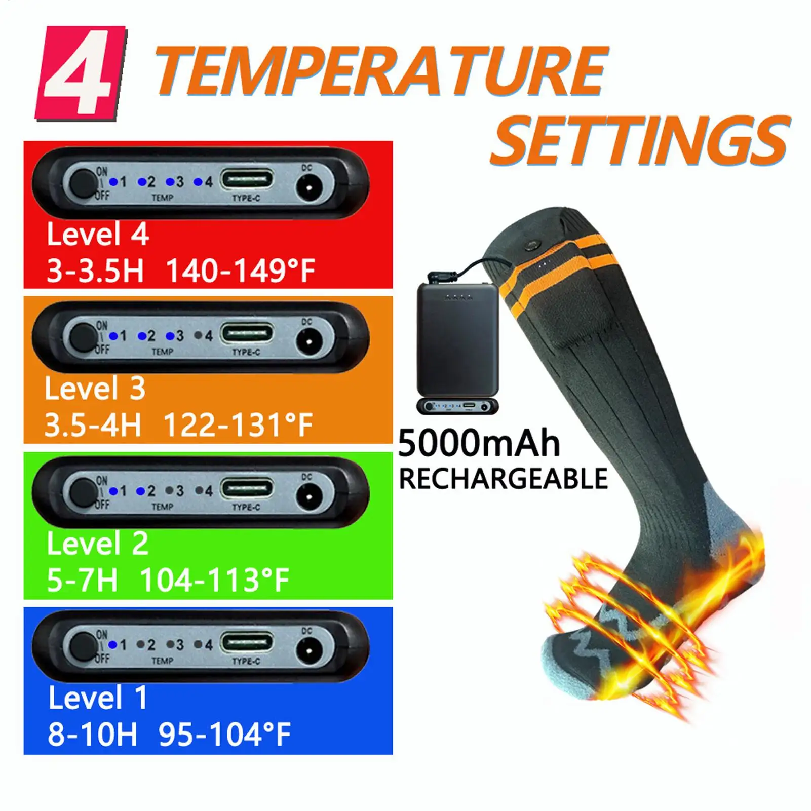 USB ساخنة الجوارب 4 مستويات، التزلج جهاز تدفئة القدمين، النساء الرجال المشي لمسافات طويلة ركوب الدراجات الرياضات الشتوية الجليد الصيد لوازم التخييم