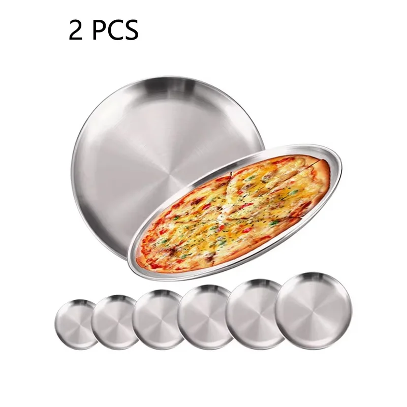 2Pcs Stainless Steels Round Silver Shallow Tray Plate Rust-Proof 14/17/20/23/26/30cm Camping Plate BBQ Picnic Dishes Cookware
