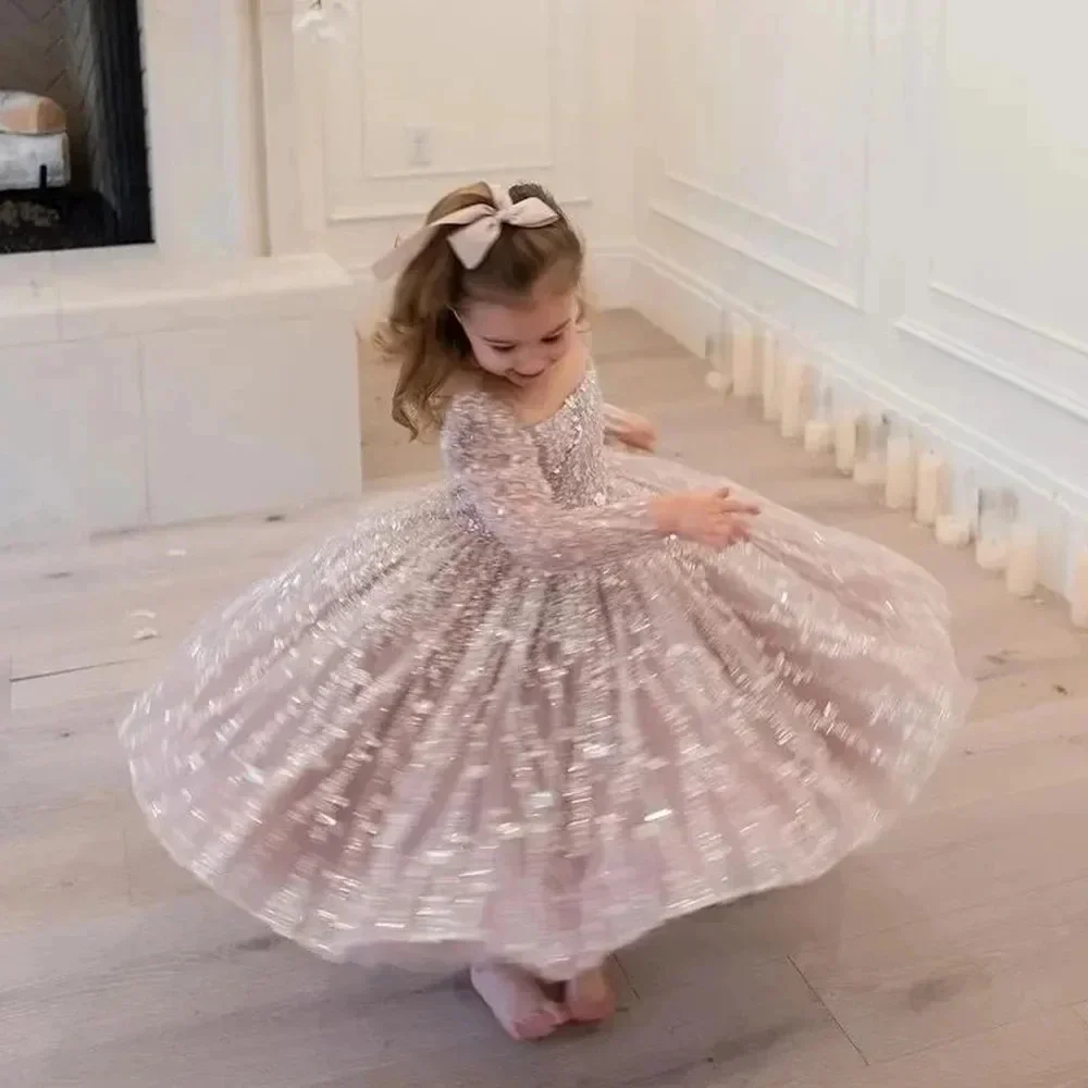 

Princess Shiny Customized Flower Girl Dress For Wedding Full Sleeve Ankle Lenght Kids Birthday Party First Communion Gowns