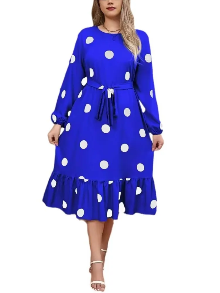 Plus Size Polka Dot Print Autumn Dress Women Loose Ruffle Pleated Fashion Ladies Dresses Long Sleeve Casual Woman Midi Dress