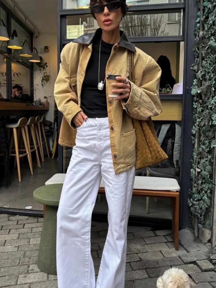 جديد ملابس العمل نمط جلد البقر تقسم الدنيم الرجعية المرأة سترة متعددة جيب معطف الخريف الشتاء شيك السيدات فضفاضة تناسب ملابس خارجية