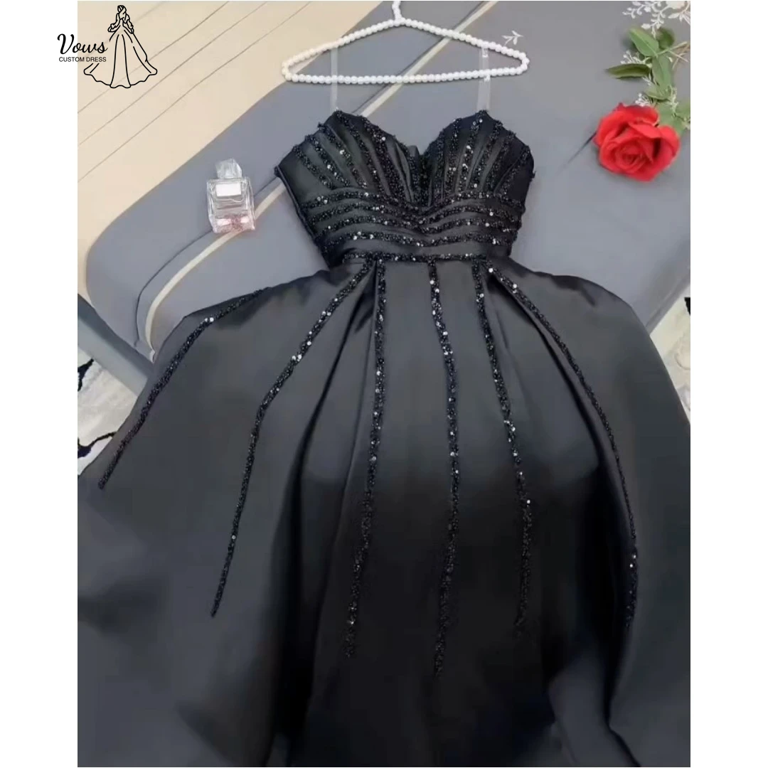 

Vows Custom Made Black Dresses Woman Elegant Evening Party Dresses 2025 Woman Spaghetti Straps Line A Sequins Prom Gown Ballgown
