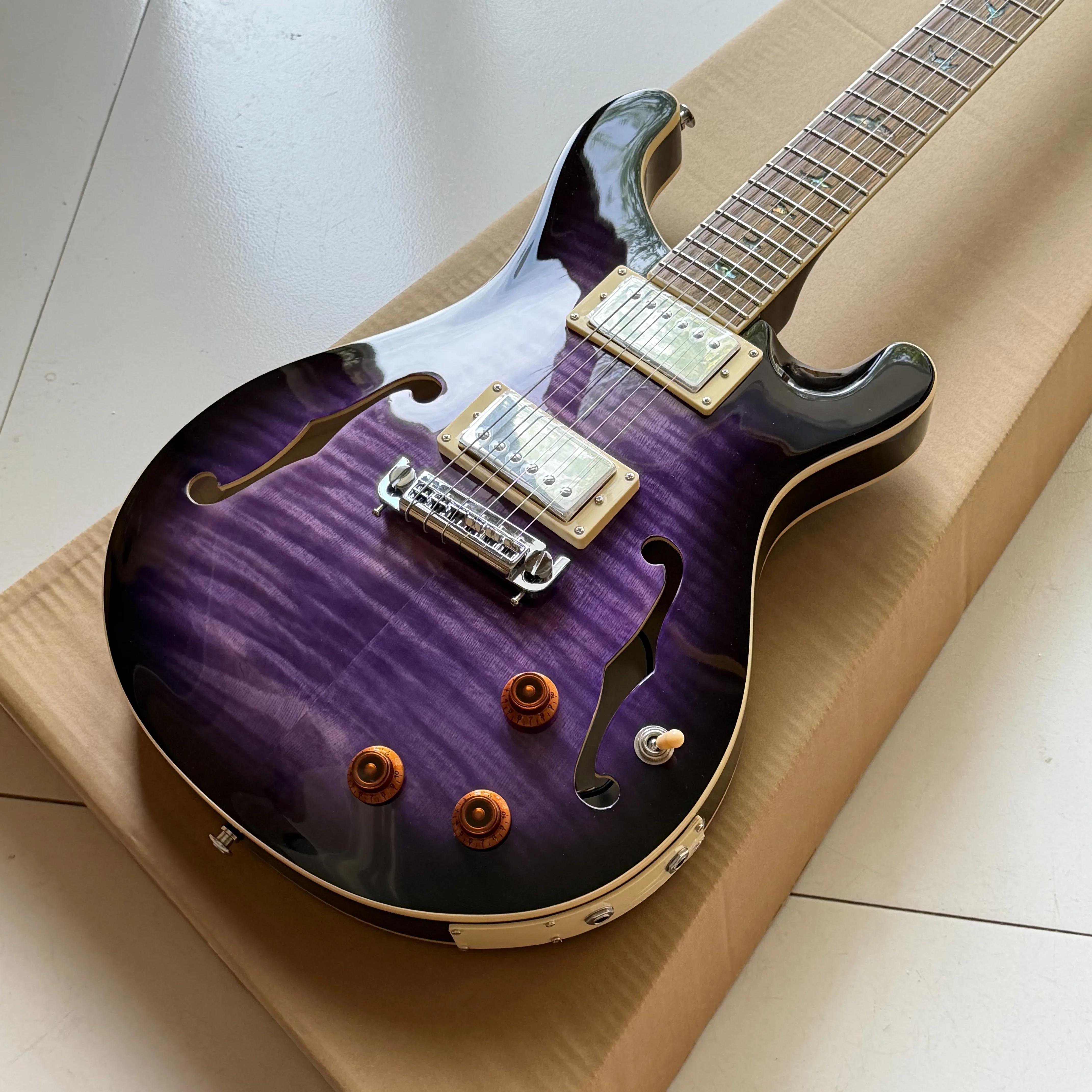 Semi Hollow PRS Electric Guitar Double-sided purple tiger flame maple top HH Chrome Pickups