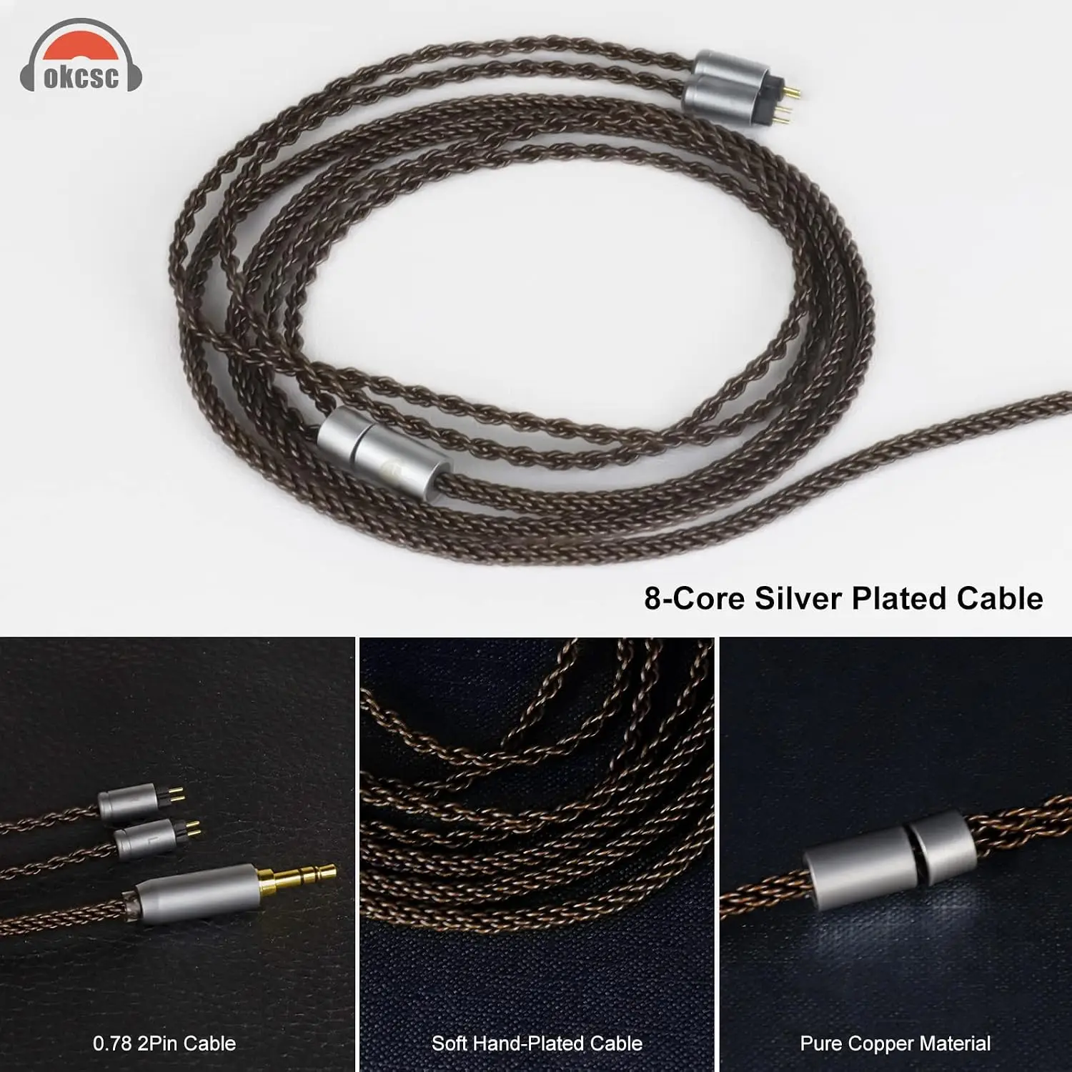 OKCSC 0.78mm 2‑Pin Upgrade Replacement Silver‑Plated IEM Cable 8‑Core OFC Audio Cord 4FT Length 3.5mm Plug for KZ ED16 ZSA ES4 ZSR ZST ZS10 ZS5 ZS6