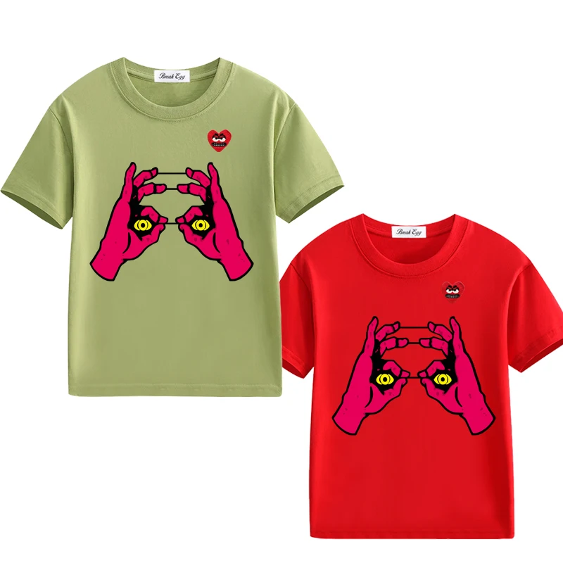 Hand Print Boy Girl T-shirt Cotton Cartoon Snag Heart Embroidery O-neck Short-sleeved Kid Straight Summer T-shirt