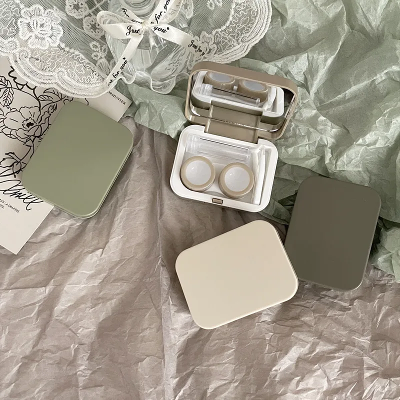 Minimalist Solid Color Contact Lens Case with Mirror INS Aesthetic Portable Lens Storage Box Simple Travel Companion Care Kit