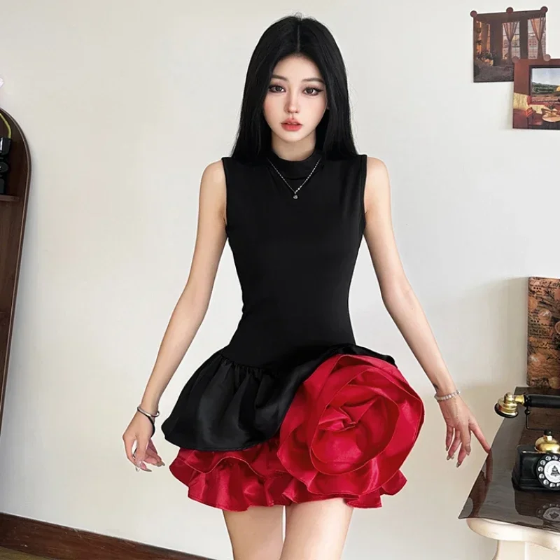 الفرنسية الرجعية 3D روز فستان عيد ميلاد المرأة الحلو جولة الرقبة أكمام الخصر النحيف فستان قصير فتاة حار الأزهار برعم اللباس