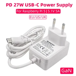 Chargeur d'Alimentation pour Raspberry Pi 5, 5.1V, 5A, PD 27W, USB Type C, GaN, Prise EU US UK, Adaptateur Secteur pour Raspberry Pi 5/4B RPI 5