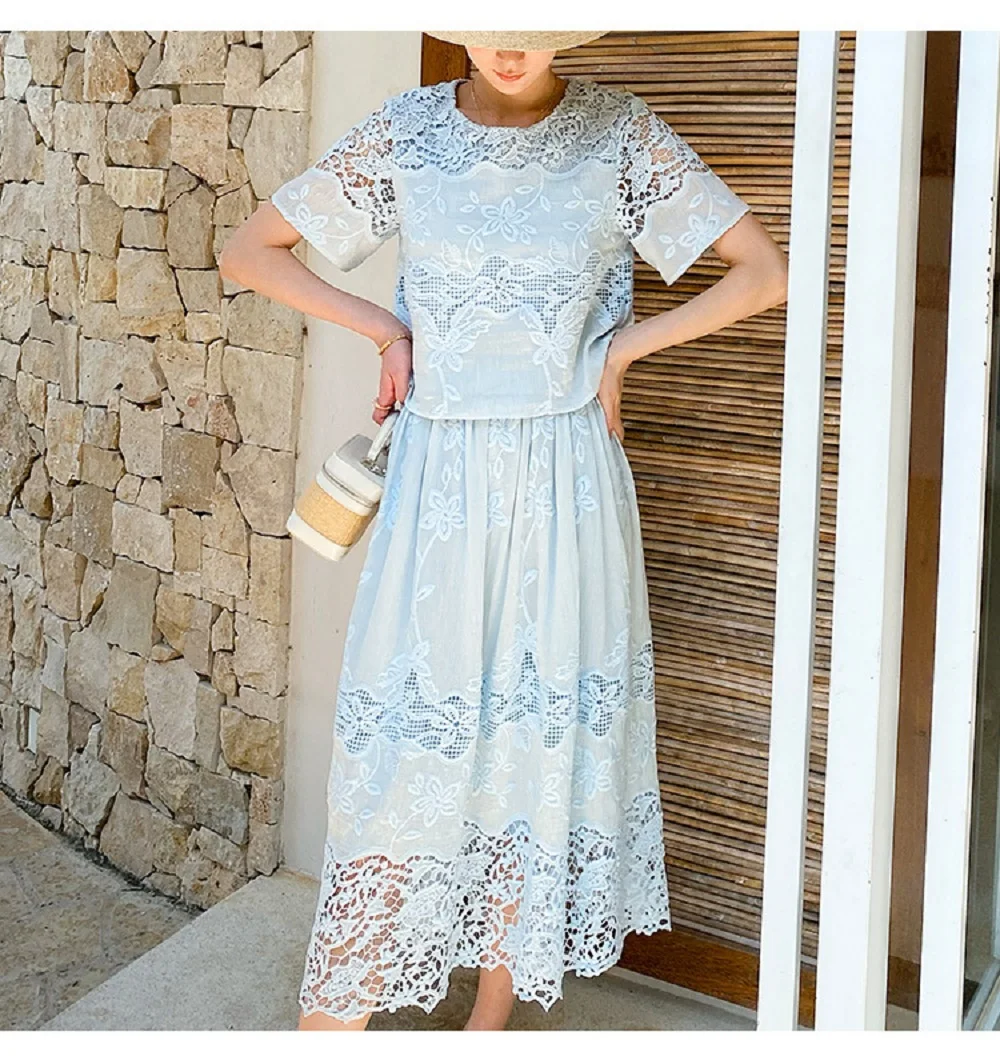 

High Quality New Skirt Suits 2026 Summer Style Women Hollow Out Lace Embroidery Short Sleeve Tops Blouse+Blue White Long Skirts