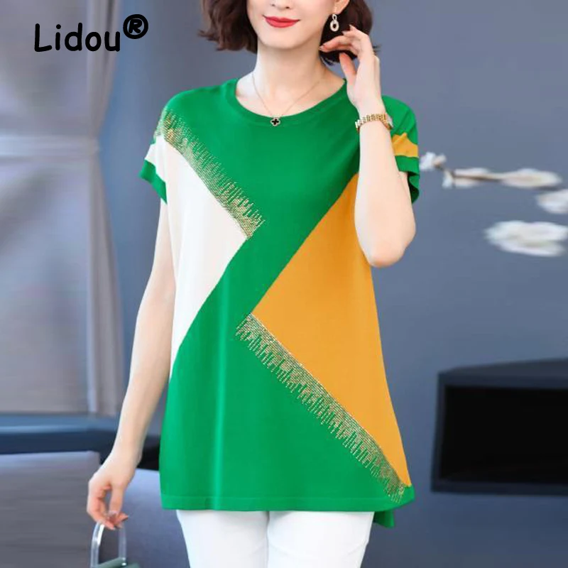 

Elegant Rhinestone Round Neck Short Sleeve Loose Tunic Ladies Tops Summer Fashion Patchwork Ice Silk Knitwear Women Clothes 2023