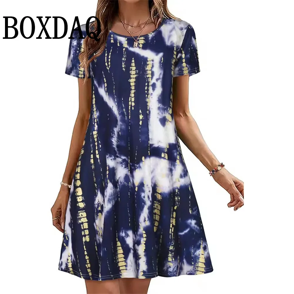 New Green Floral Print Dress 2025 Summer Short Sleeve Beach Dress Casual Fashion Women's Clothes Plus Size Loose Women's Dresses