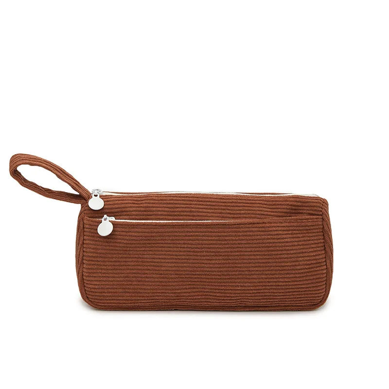 5pcs Cosmetic Bags Women Corduroy Plain Striped Double Zipper Multifunctional Long Storage Bag With Wrist