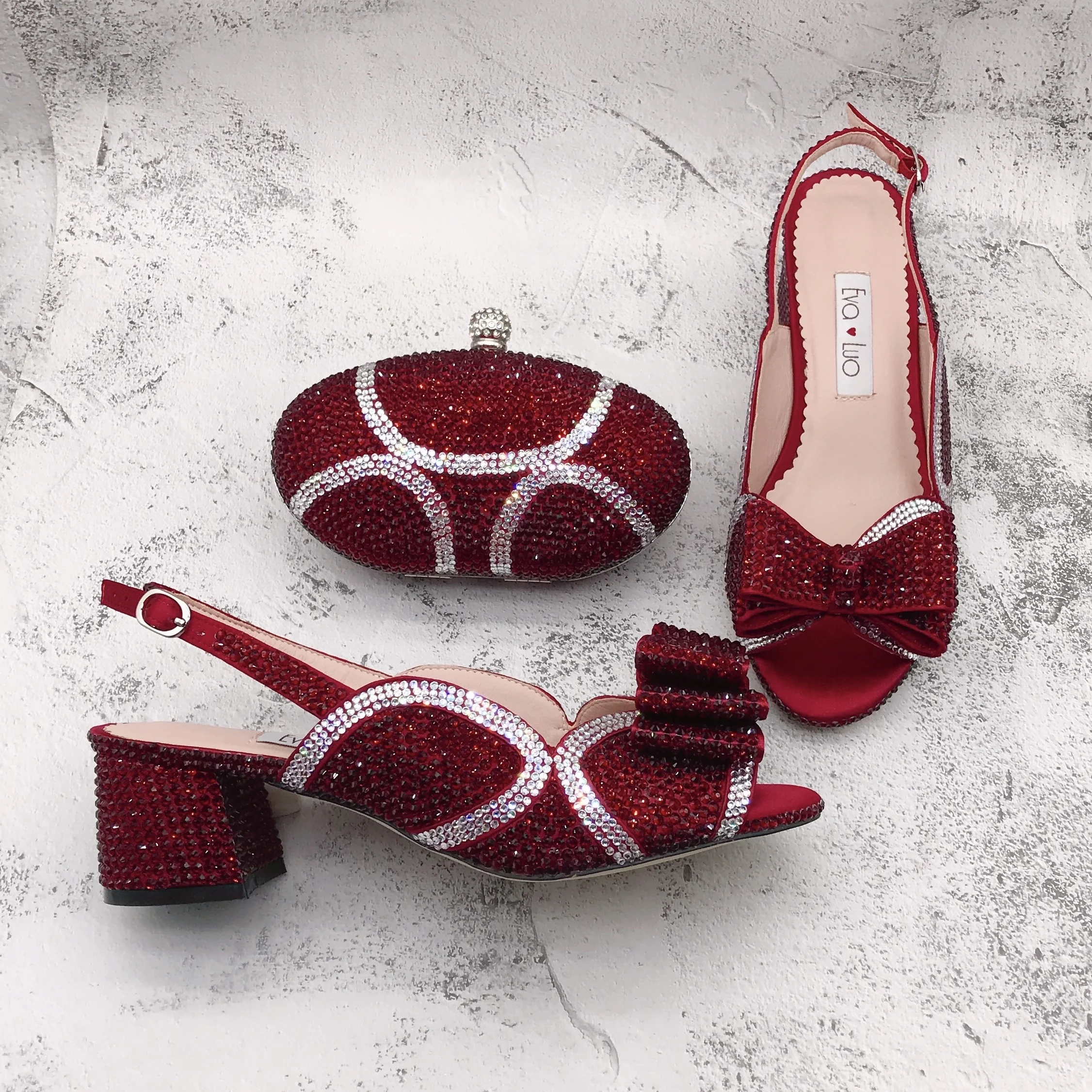 

BS1702 Custom Handmade Women Shoes Low Heel wedding Shoes Wine Red Silver Stones African Nigerian Italian Shoes And Bag Set