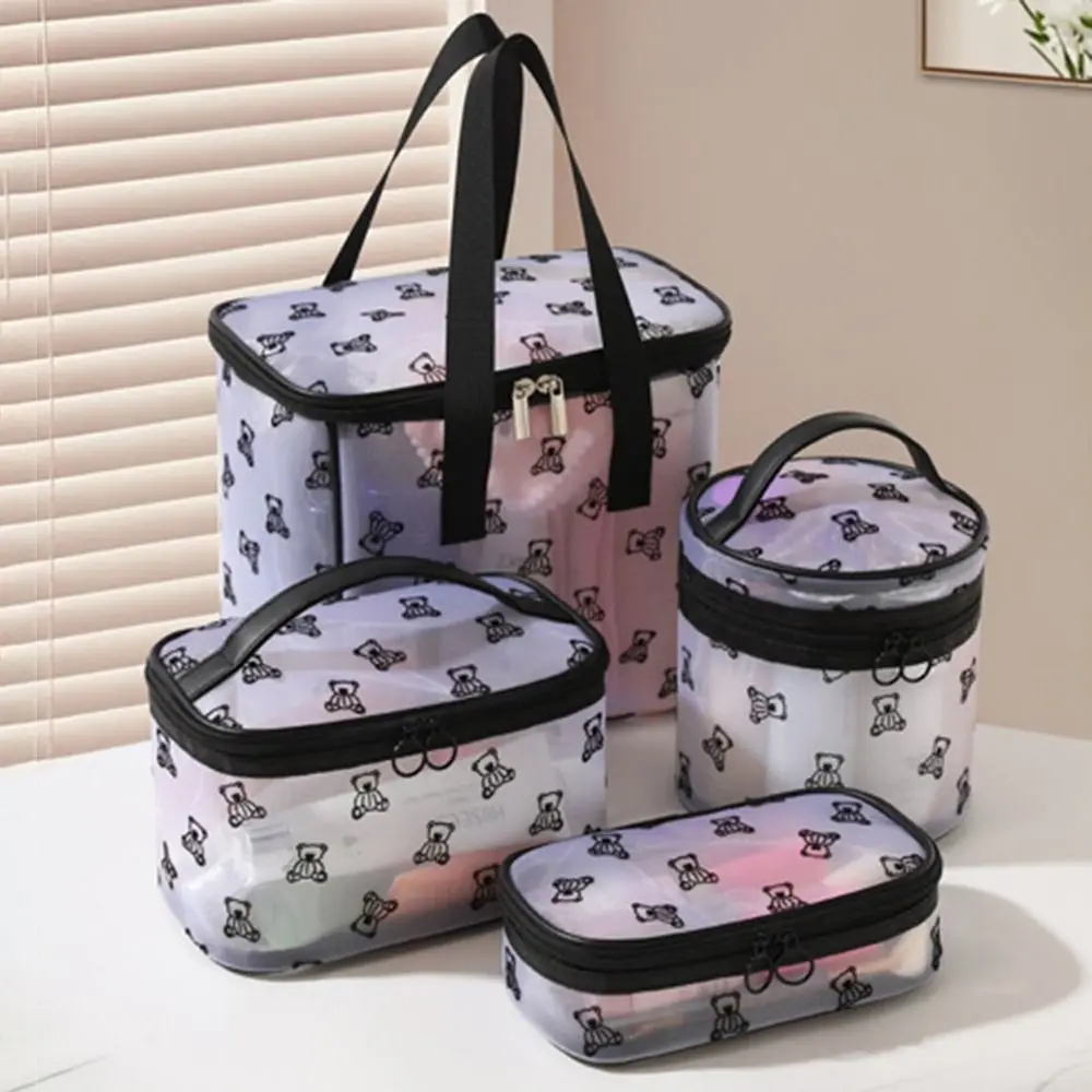 Tas Kosmetik Jaring Kapasitas Besar Ritsleting Kantong Penyimpanan Perlengkapan Mandi Multifungsi dengan Pegangan Tas Rias Perspektif Portabel