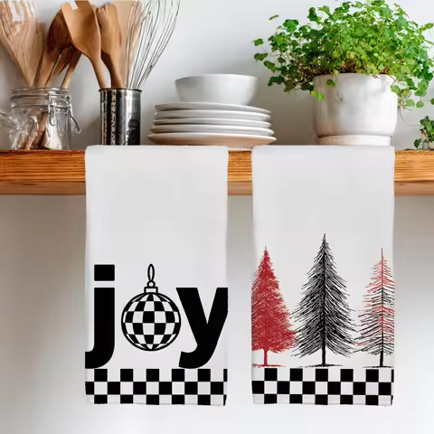 2PCS Christmas Tree Black White Grid Kitchen Towel Dish Cloths Holiday Kitchen Towel Decoration 40x60cm Christmas Decor