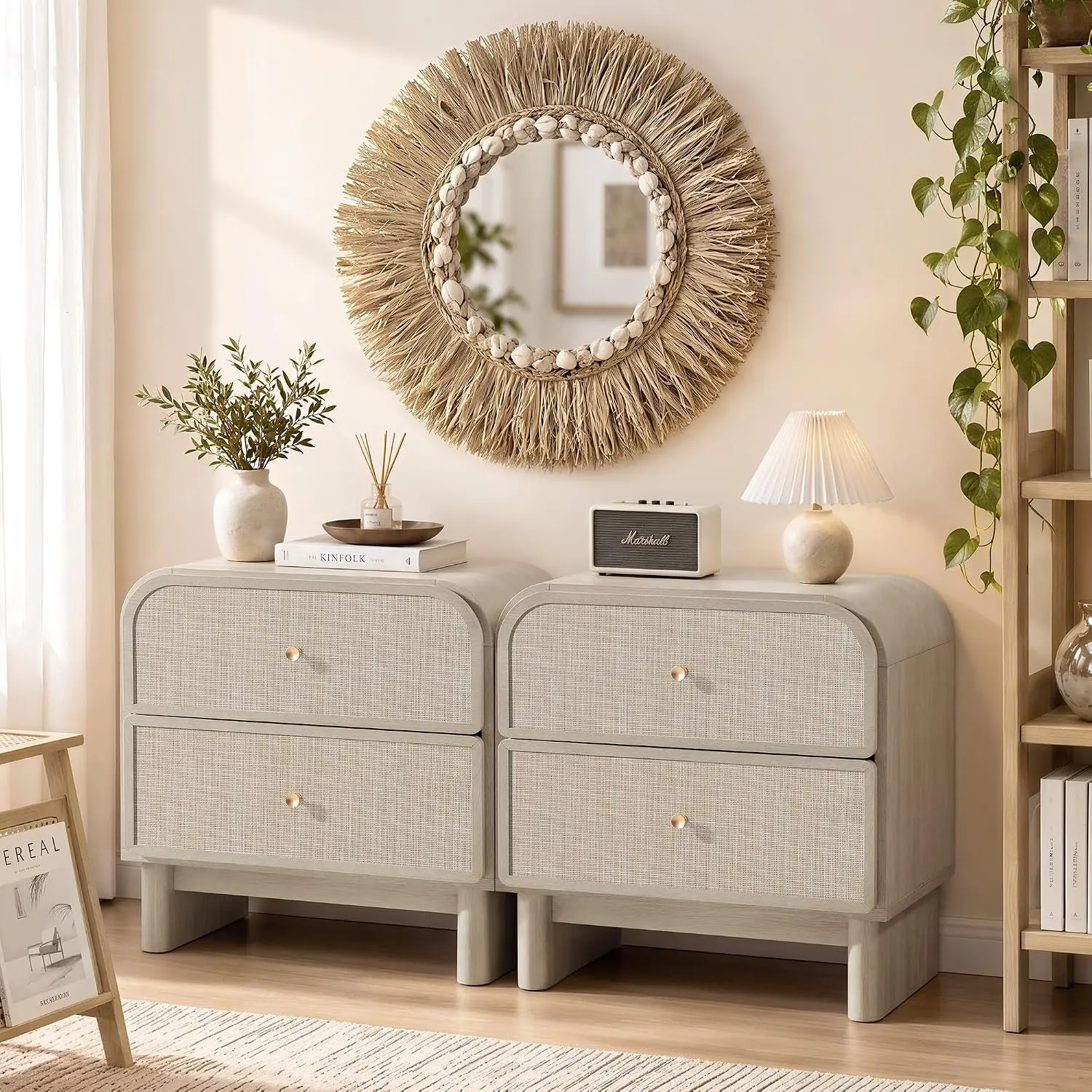 Curved Rattan Nightstand with 2 Drawers, Customized